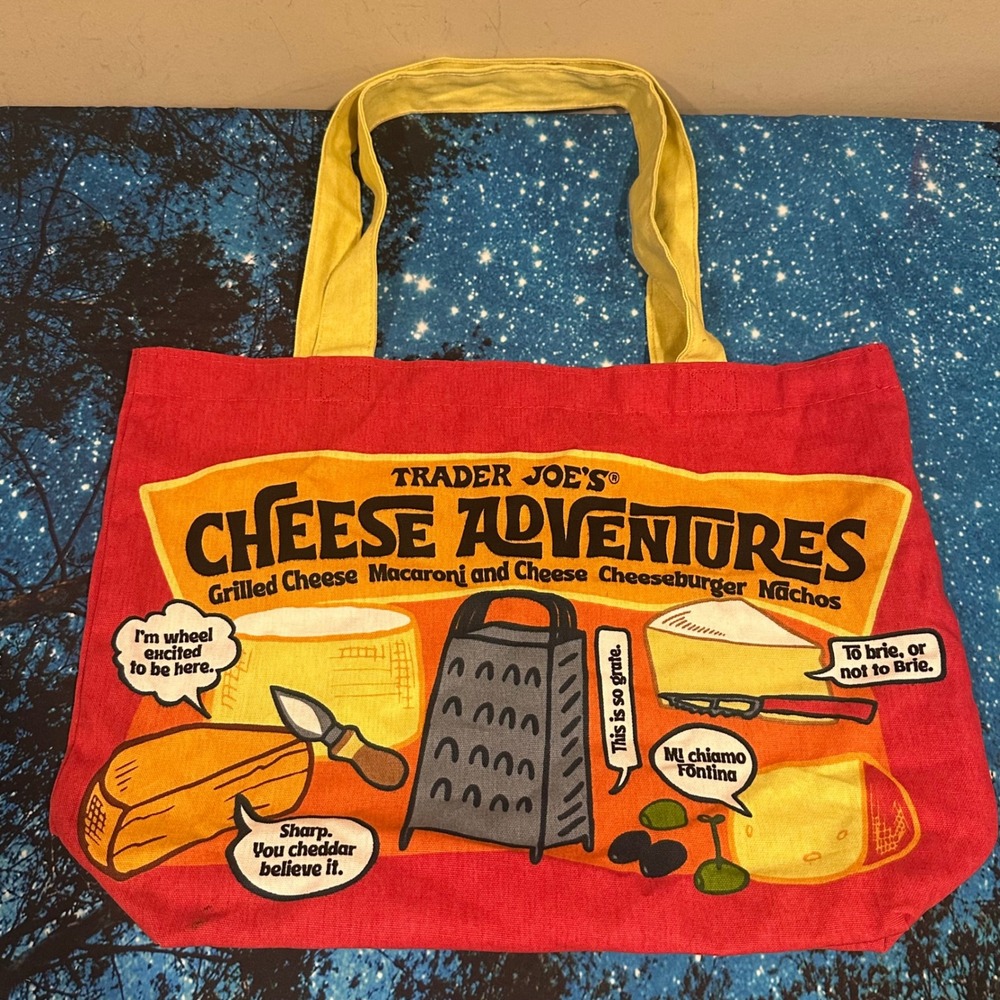 Trader Joes Cheese Adventures Experience Canvas Tote Bag Red Yellow Reusable